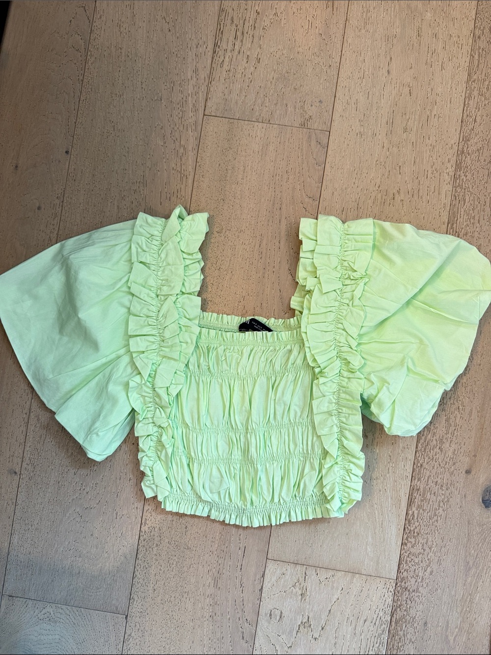 Zara bright Green Shirred Crop Top with Ruffle Trim